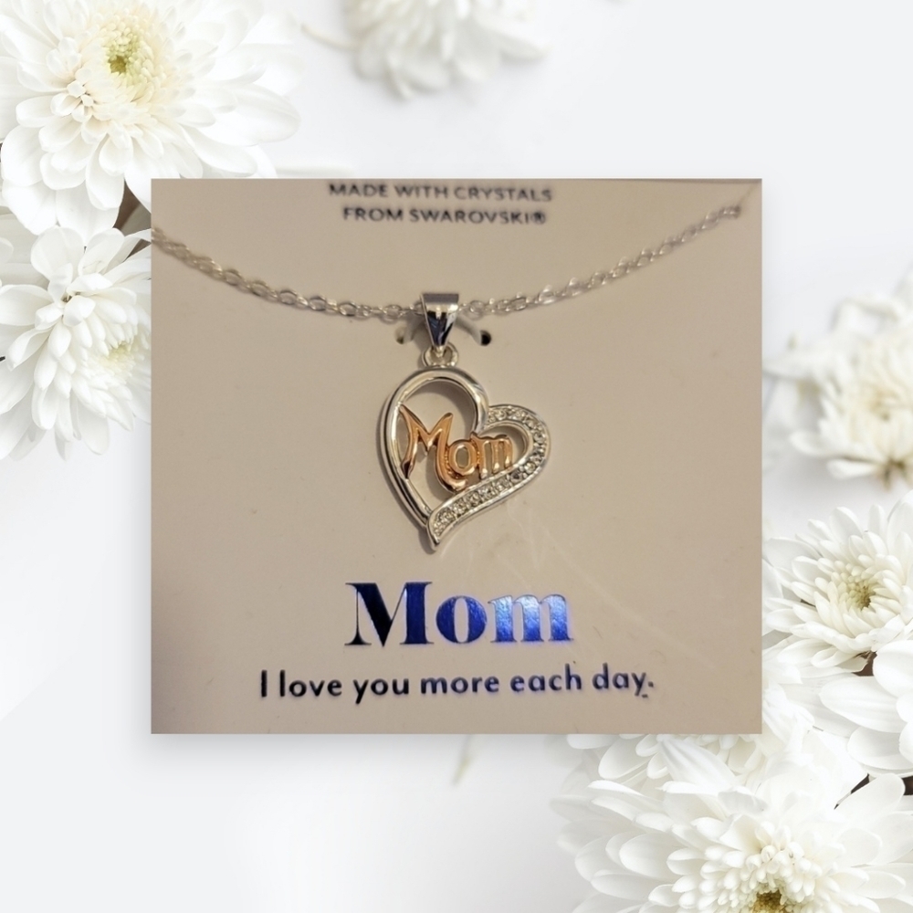 Brilliance Swarovski Crystal "MOM" Silver Necklace NEW in Box 18" chain